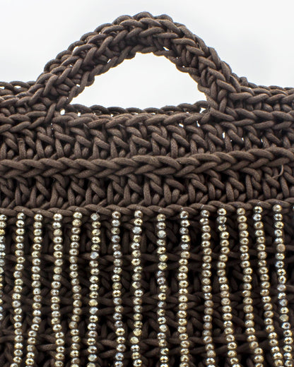 Close-up of hand crochet stitching and crystal beads on Palette by Rishma Truffle Rose Bag