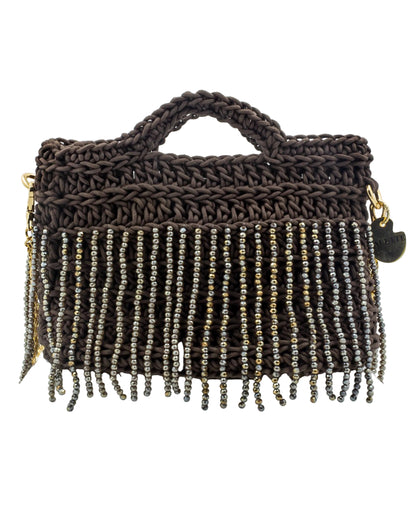 Palette by Rishma Truffle Rose Bag in deep cocoa brown — hand crocheted waxed braided cord with crystal beads, front