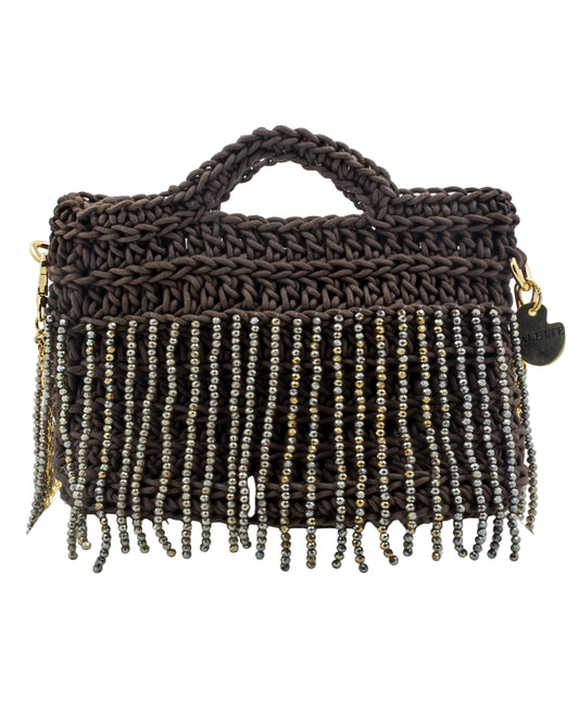 Palette by Rishma Truffle Rose Bag in deep cocoa brown — hand crocheted waxed braided cord with crystal beads, front