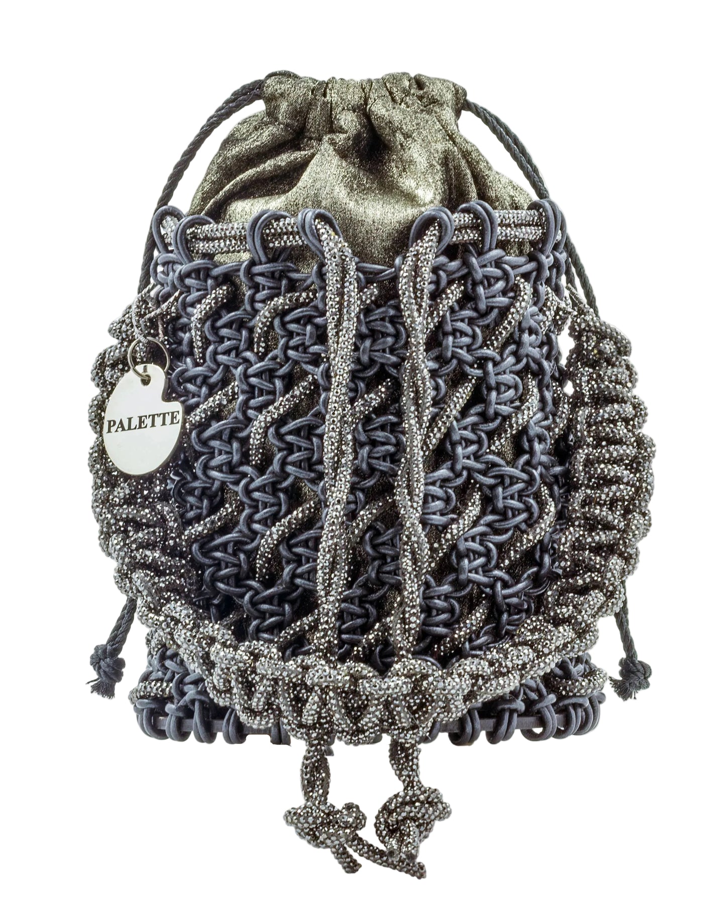 Close-up of hand-knotted macramé lattice and rhinestone detail on Palette by Rishma Onyx Bucket Bag