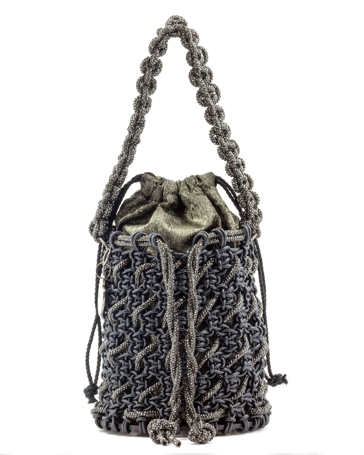 Palette by Rishma Onyx Bucket Bag in jet black — hand-knotted metallic leatherette cord with gunmetal rhinestone bucket bag, front