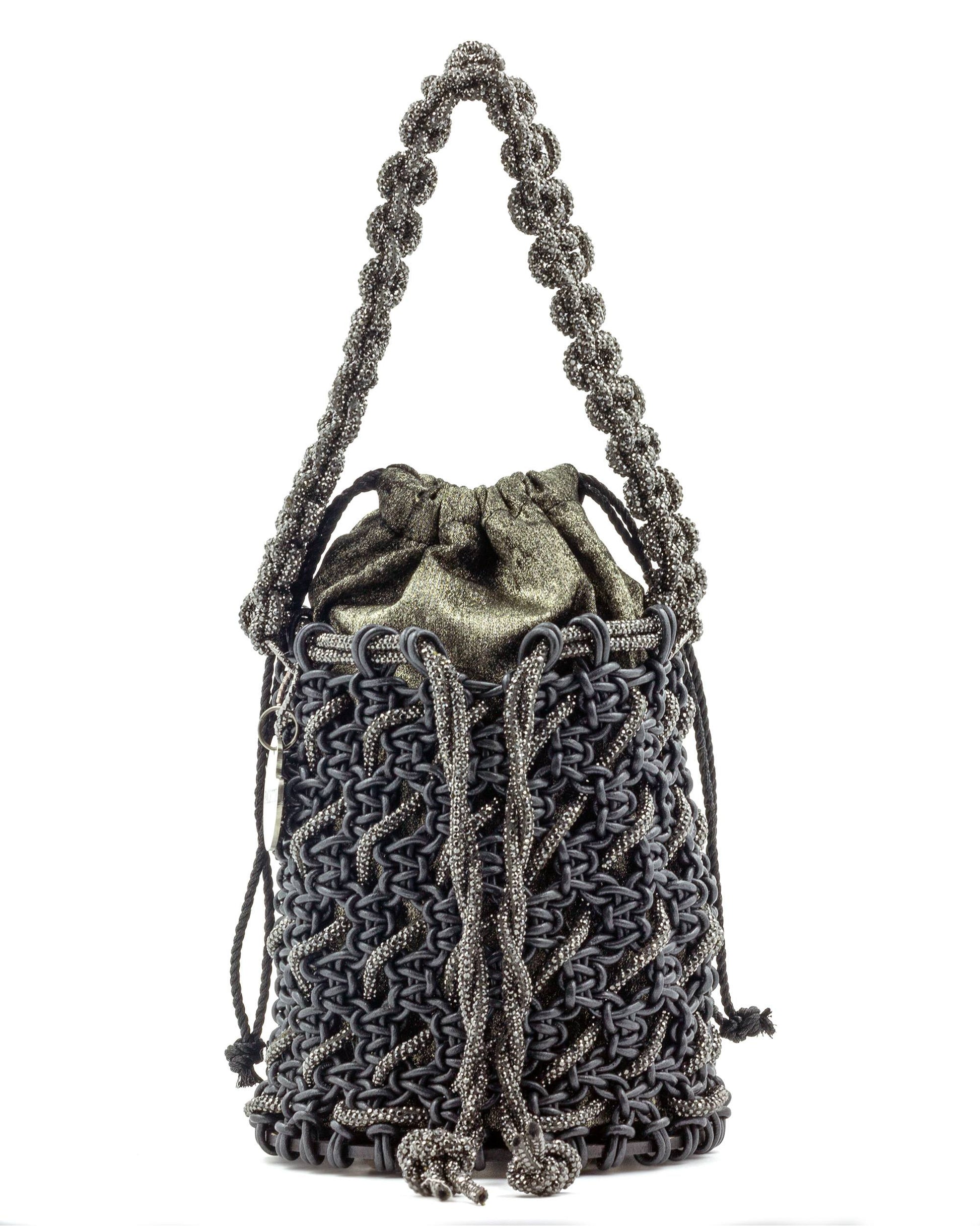 Palette by Rishma Onyx Bucket Bag in jet black — hand-knotted metallic leatherette cord with gunmetal rhinestone bucket bag, front