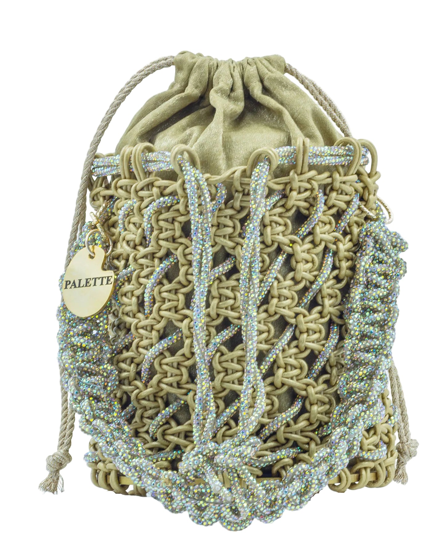 Close-up of hand-knotted macramé lattice and rhinestone detail on Palette by Rishma Oro Bucket Bag