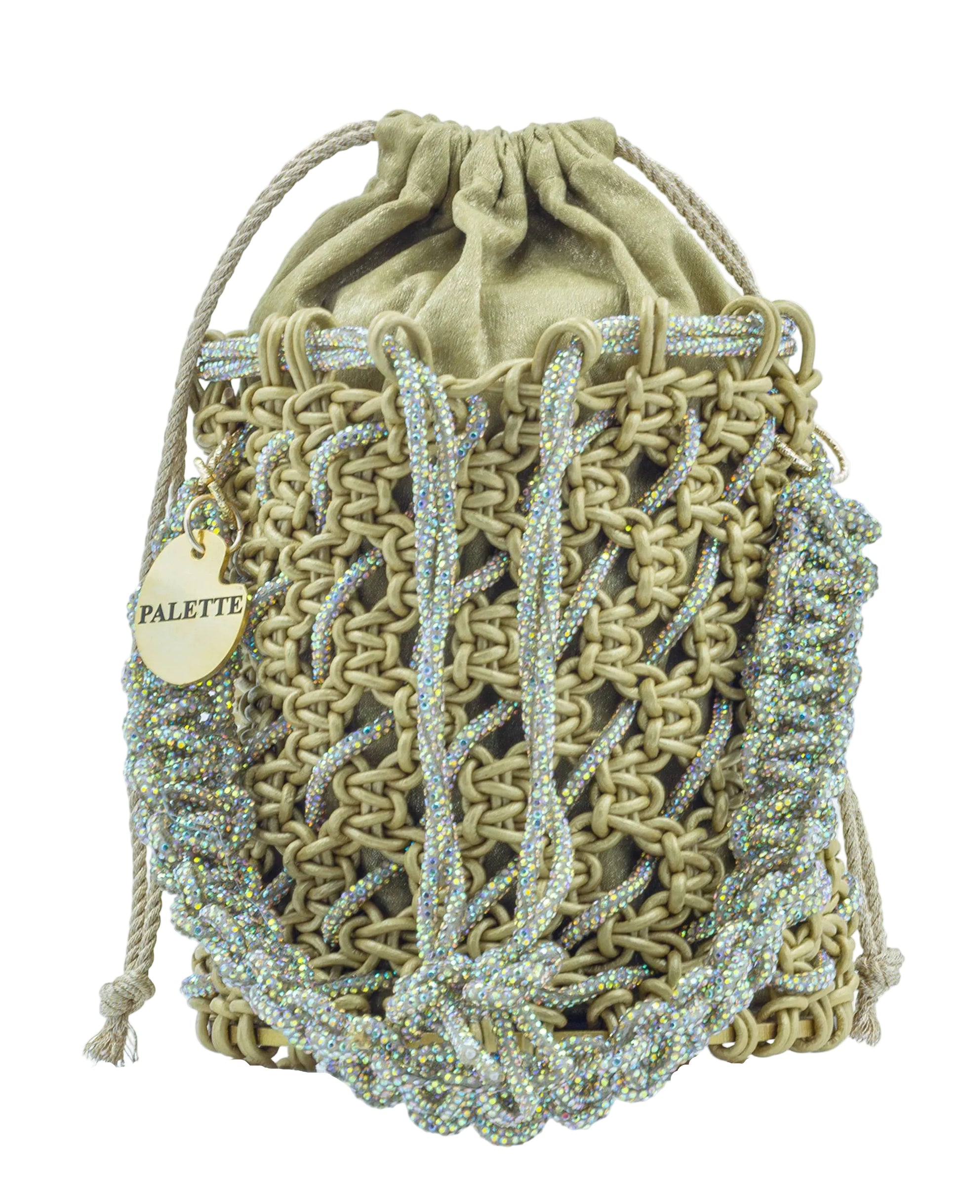 Close-up of hand-knotted macramé lattice and rhinestone detail on Palette by Rishma Oro Bucket Bag