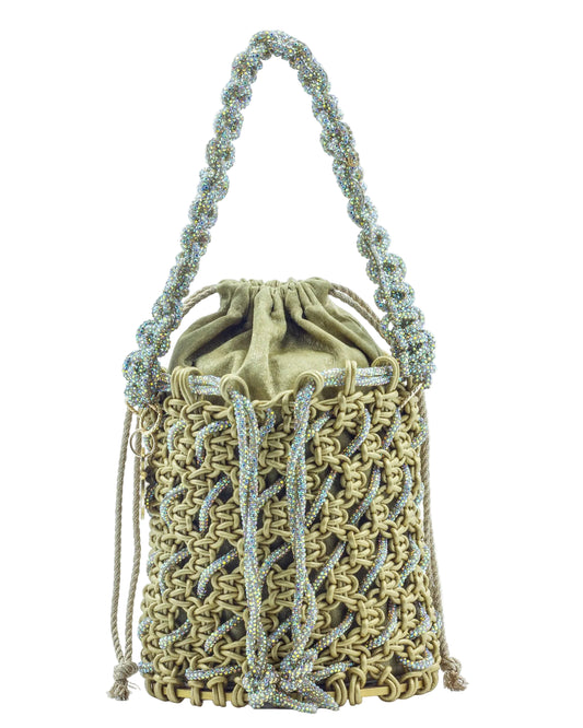 Palette by Rishma Oro Bucket Bag in gold — hand-knotted metallic leatherette cord with rhinestone bucket bag, front