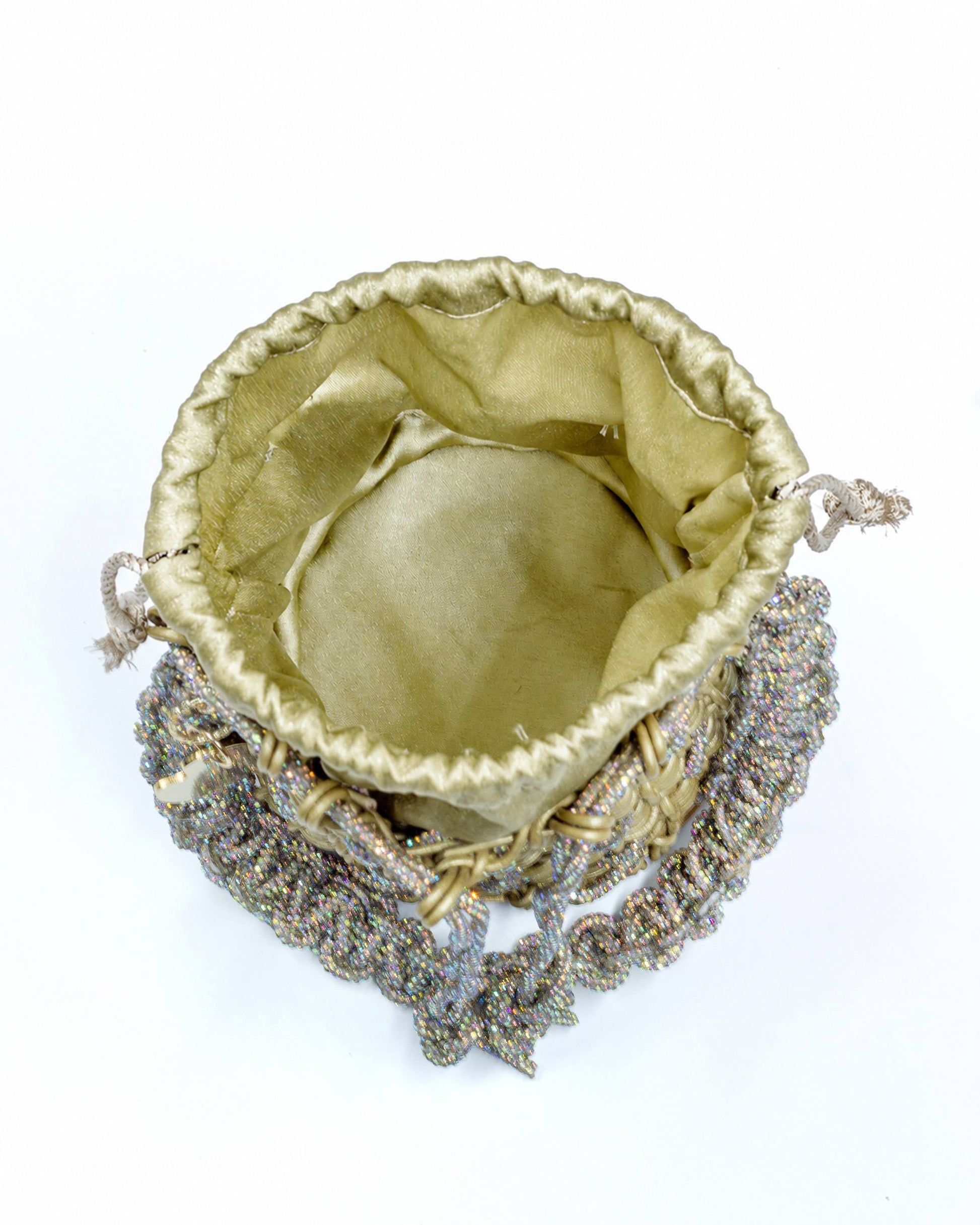 Interior of Palette by Rishma Oro Bucket Bag — shimmer satin drawstring lining