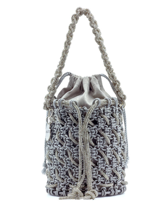 Palette by Rishma Sterling Bucket Bag in silver grey — hand-knotted metallic leatherette cord with rhinestone bucket bag, front