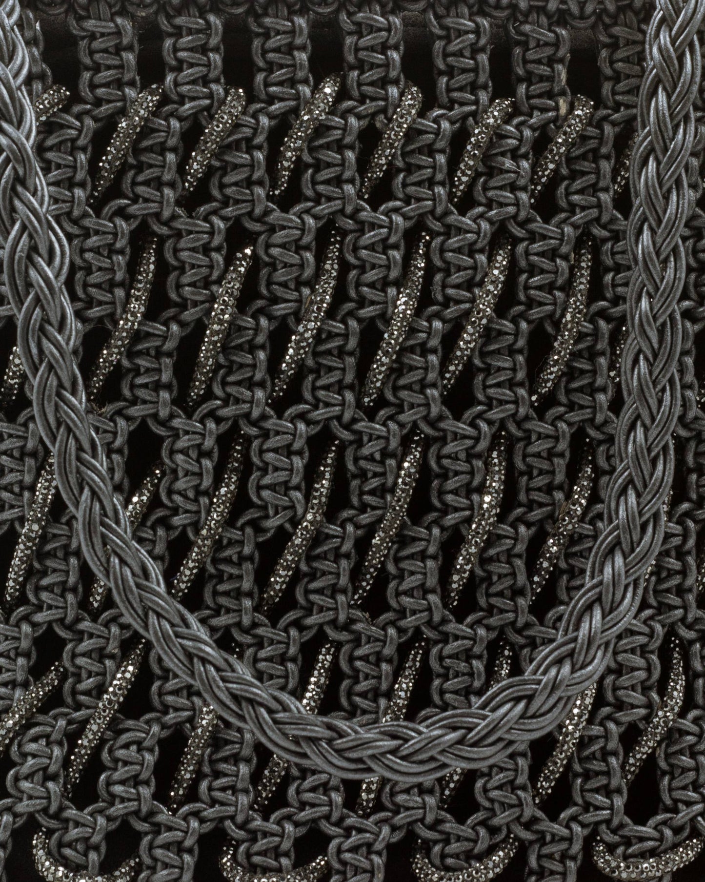 Close-up of hand-knotted macramé lattice and rhinestone detail on Palette by Rishma Onyx Tote Bag