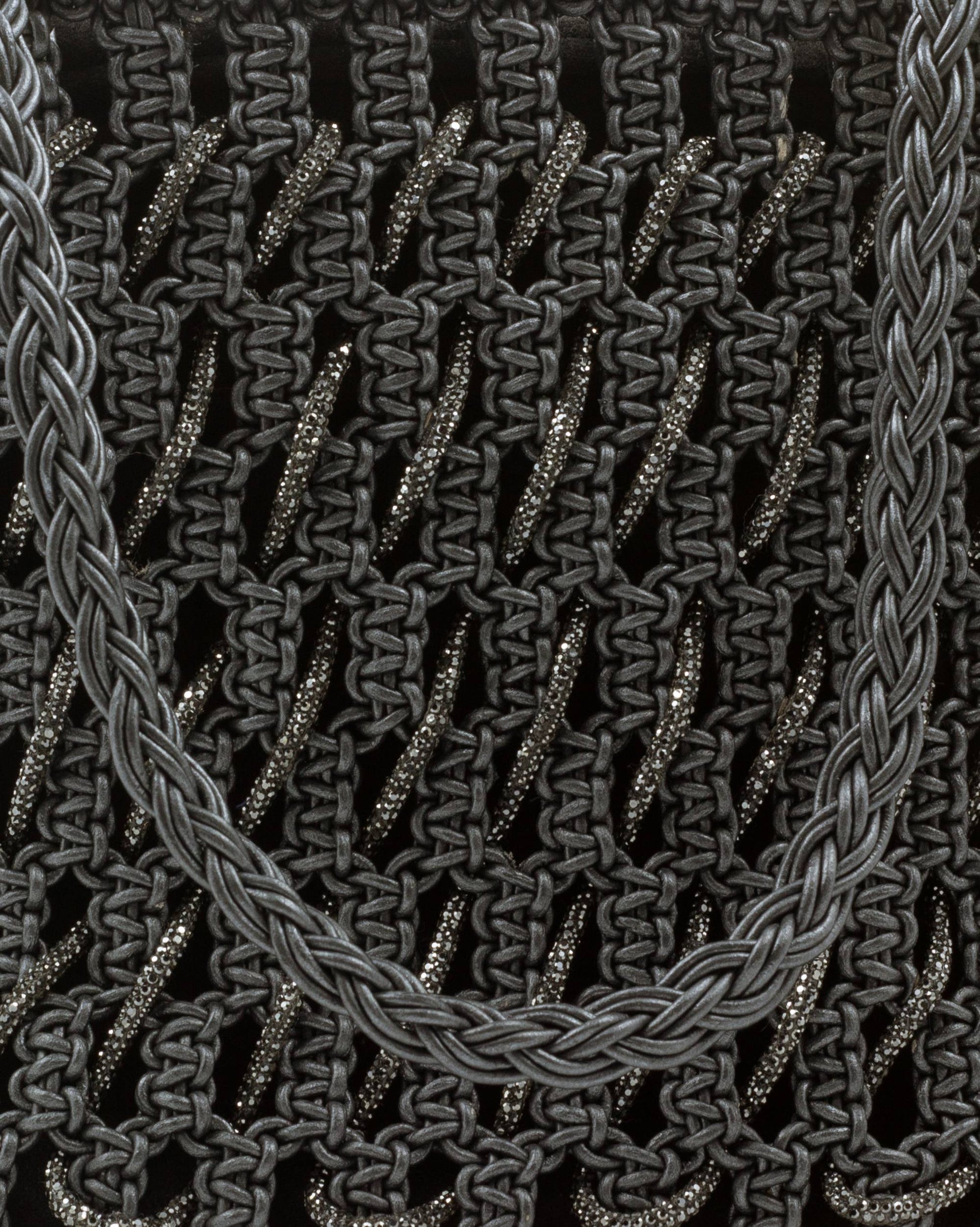 Close-up of hand-knotted macramé lattice and rhinestone detail on Palette by Rishma Onyx Tote Bag
