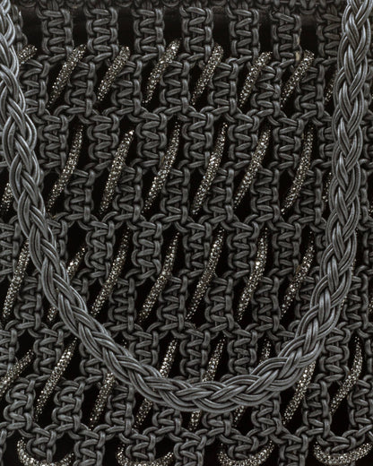 Close-up of hand-knotted macramé lattice and rhinestone detail on Palette by Rishma Onyx Tote Bag
