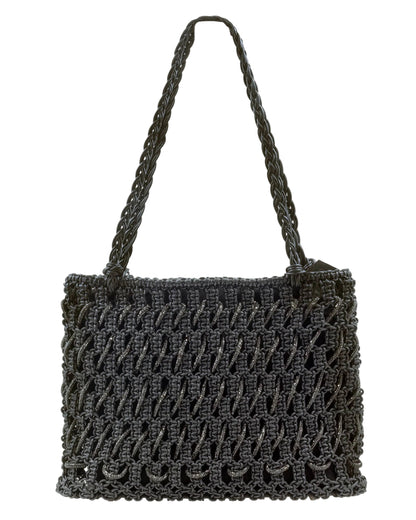 Palette by Rishma Onyx Tote Bag in jet black — hand-knotted metallic leatherette cord with gunmetal rhinestone tote, front