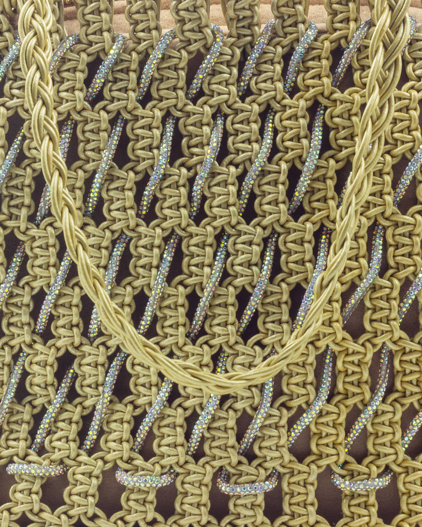 Close-up of hand-knotted macramé lattice and rhinestone detail on Palette by Rishma Oro Tote Bag