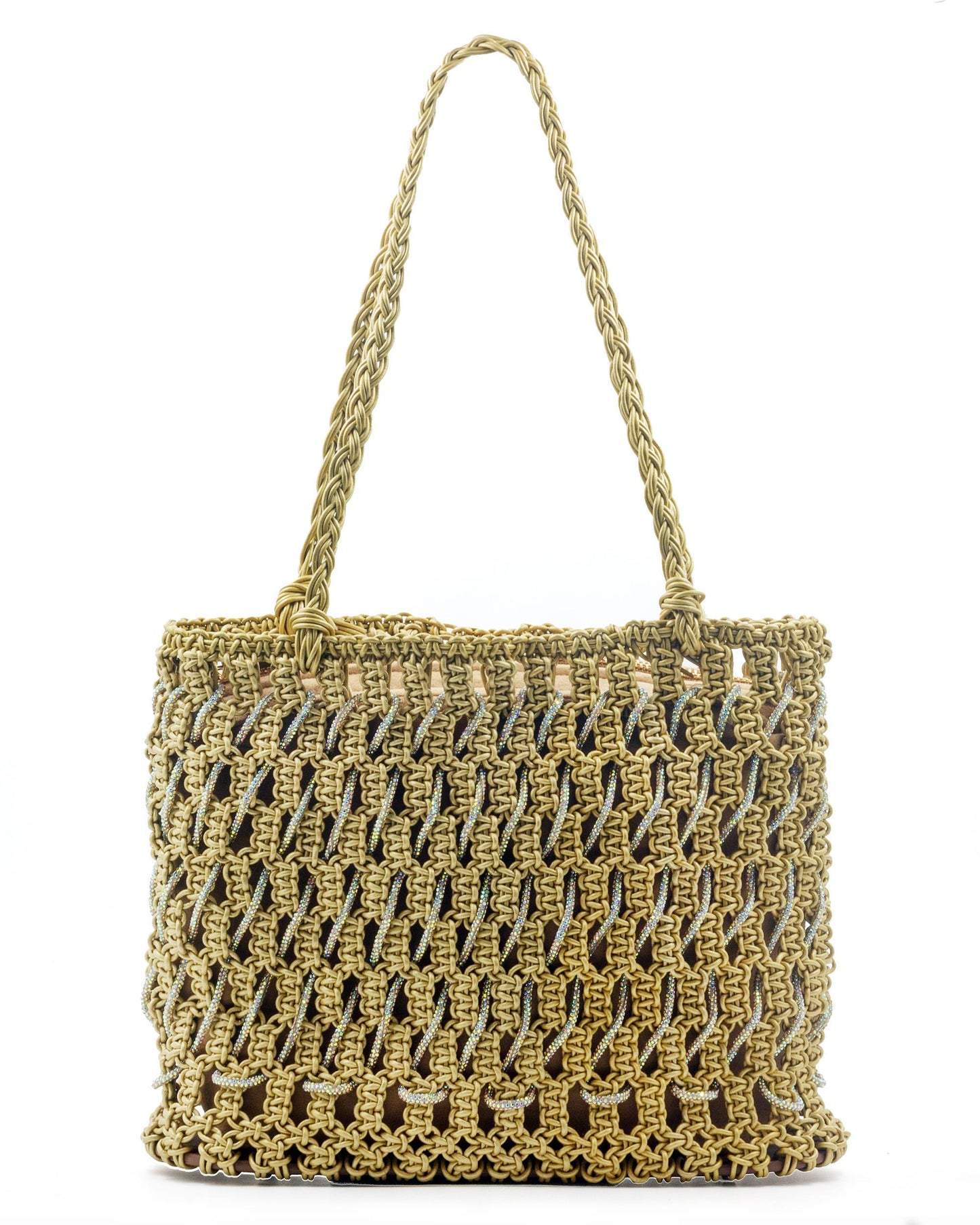 Palette by Rishma Oro Tote Bag in gold — hand-knotted metallic leatherette cord with rhinestone tote, front