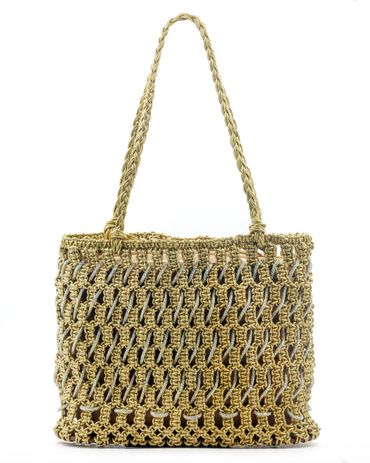 Palette by Rishma Oro Tote Bag in gold — hand-knotted metallic leatherette cord with rhinestone tote, front