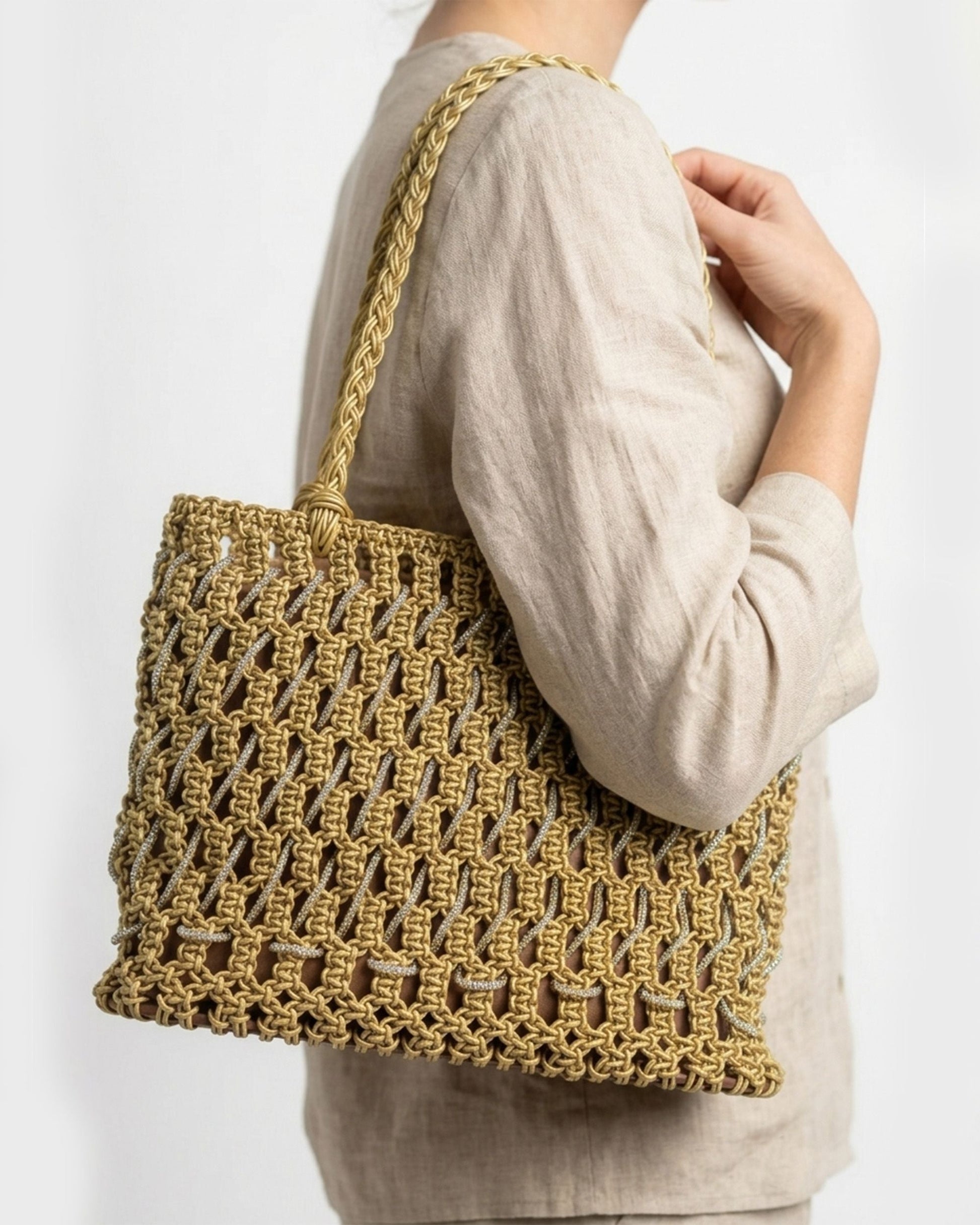 Palette by Rishma Lattice Oro Tote Handcrafted Rhinestone Macramé Tote — Lifestyle