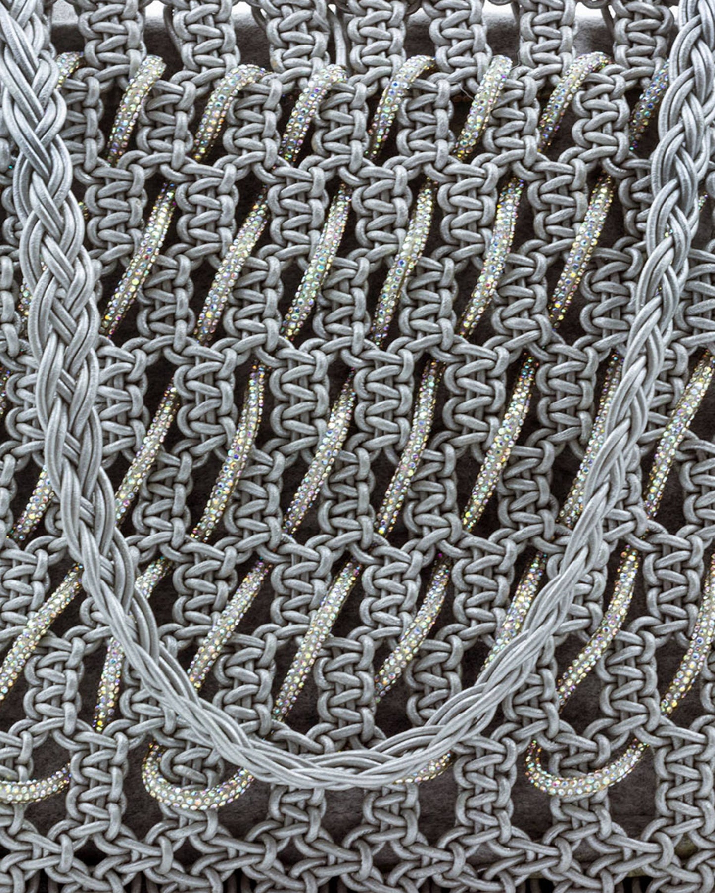 Close-up of hand-knotted macramé lattice and rhinestone detail on Palette by Rishma Sterling Tote Bag