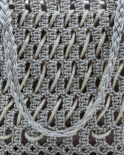 Close-up of hand-knotted macramé lattice and rhinestone detail on Palette by Rishma Sterling Tote Bag
