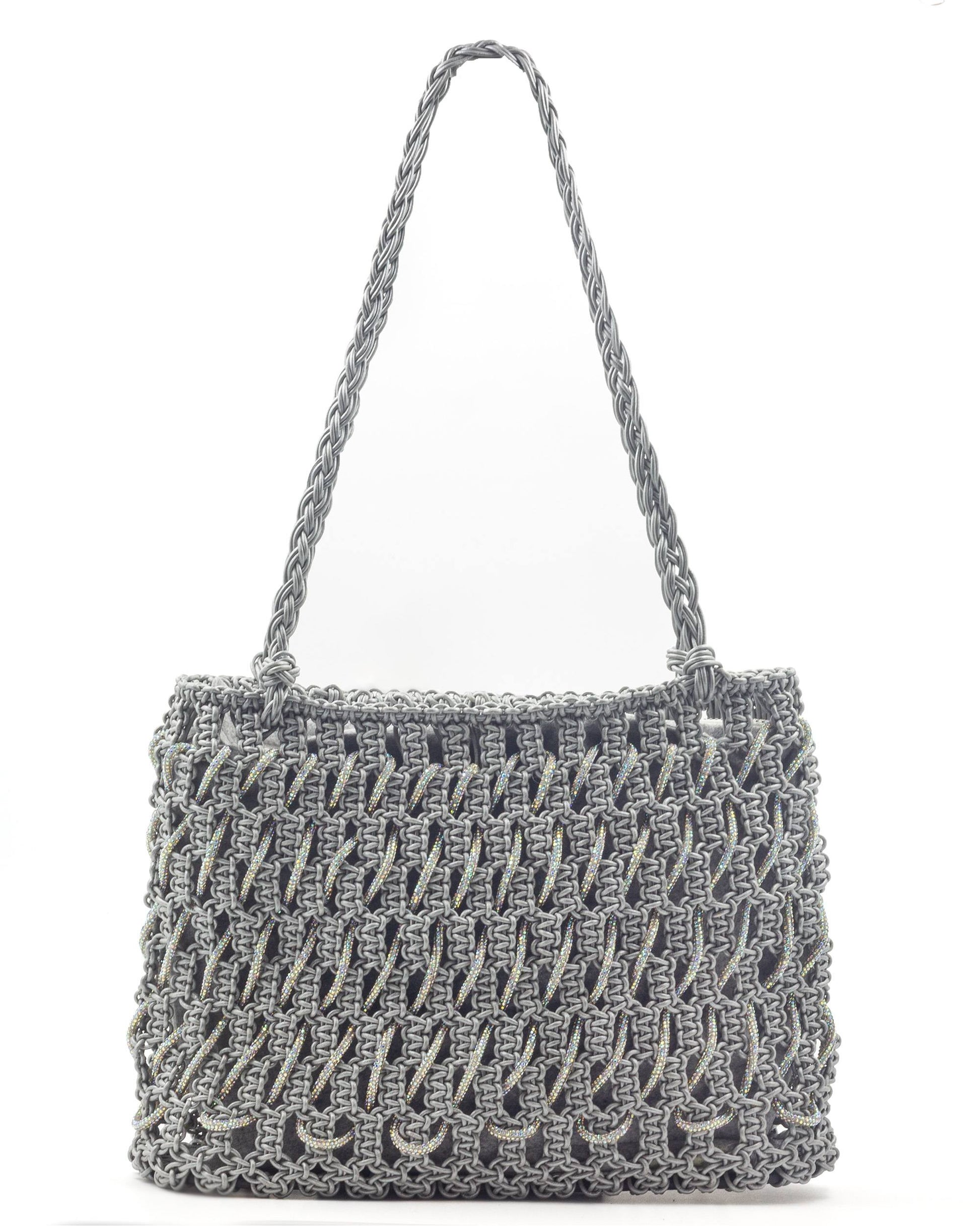 Palette by Rishma Sterling Tote Bag in silver grey — hand-knotted metallic leatherette cord with rhinestone tote, front