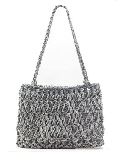 Palette by Rishma Sterling Tote Bag in silver grey — hand-knotted metallic leatherette cord with rhinestone tote, front