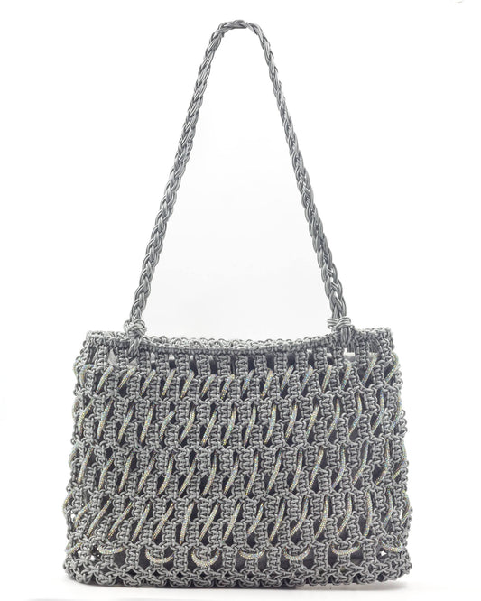 Palette by Rishma Sterling Tote Bag in silver grey — hand-knotted metallic leatherette cord with rhinestone tote, front