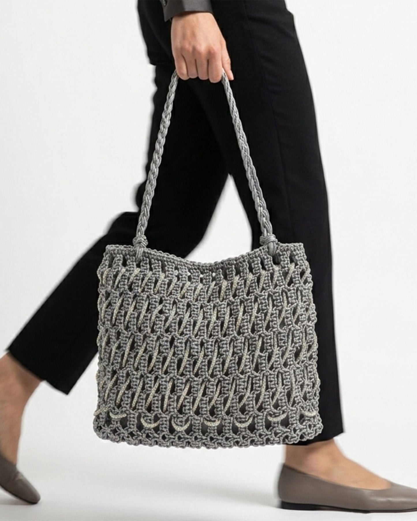 Palette by Rishma Lattice Sterling Tote Handcrafted Rhinestone Macramé Tote — Lifestyle