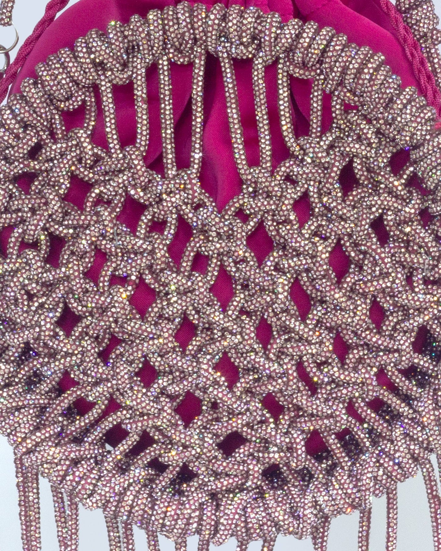 Palette by Rishma Lumina Amore Pink Handcrafted Rhinestone Macramé Fringe Bag — Detail