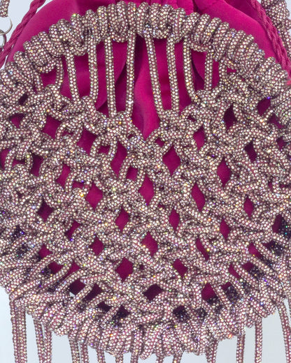 Palette by Rishma Lumina Amore Pink Handcrafted Rhinestone Macramé Fringe Bag — Detail