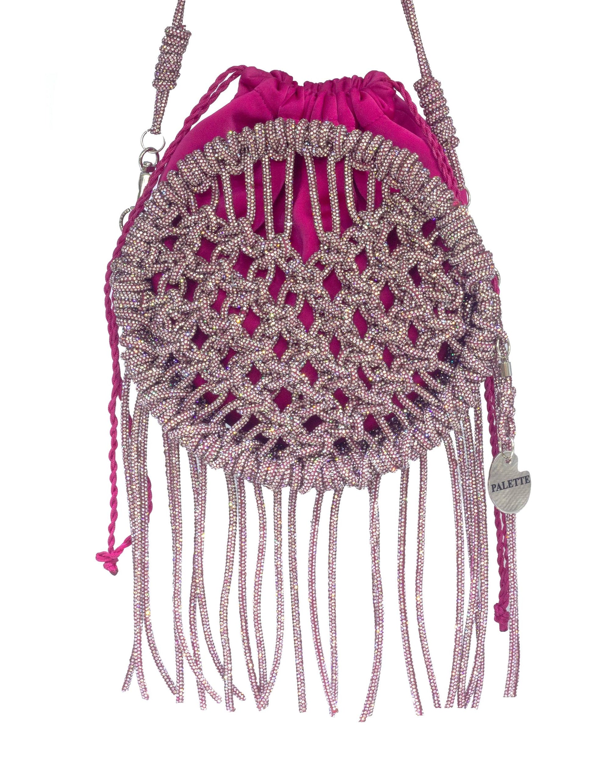 Palette by Rishma Lumina Amore Pink Handcrafted Rhinestone Macramé Fringe Bag — Front View
