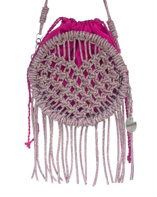 Palette by Rishma Lumina Amore Pink Handcrafted Rhinestone Macramé Fringe Bag — Front View
