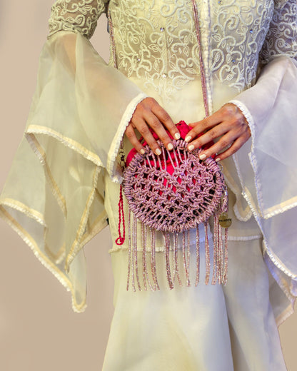 Palette by Rishma Lumina Amore Pink Handcrafted Rhinestone Macramé Fringe Bag — Lifestyle