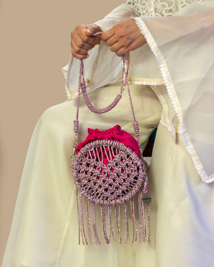 Palette by Rishma Lumina Amore Pink Handcrafted Rhinestone Macramé Fringe Bag — Rear View