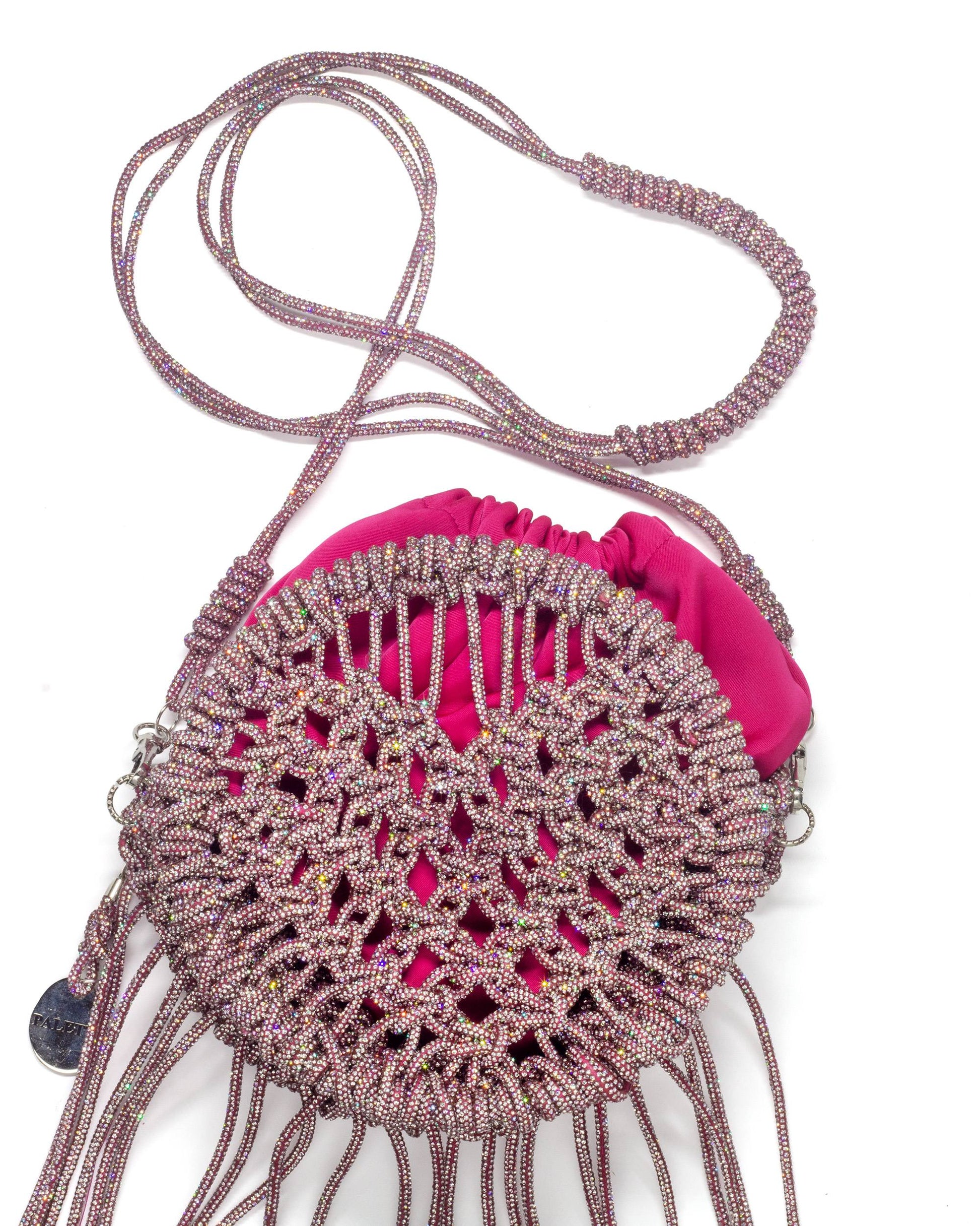 Palette by Rishma Lumina Amore Pink Handcrafted Rhinestone Macramé Fringe Bag — Scale View