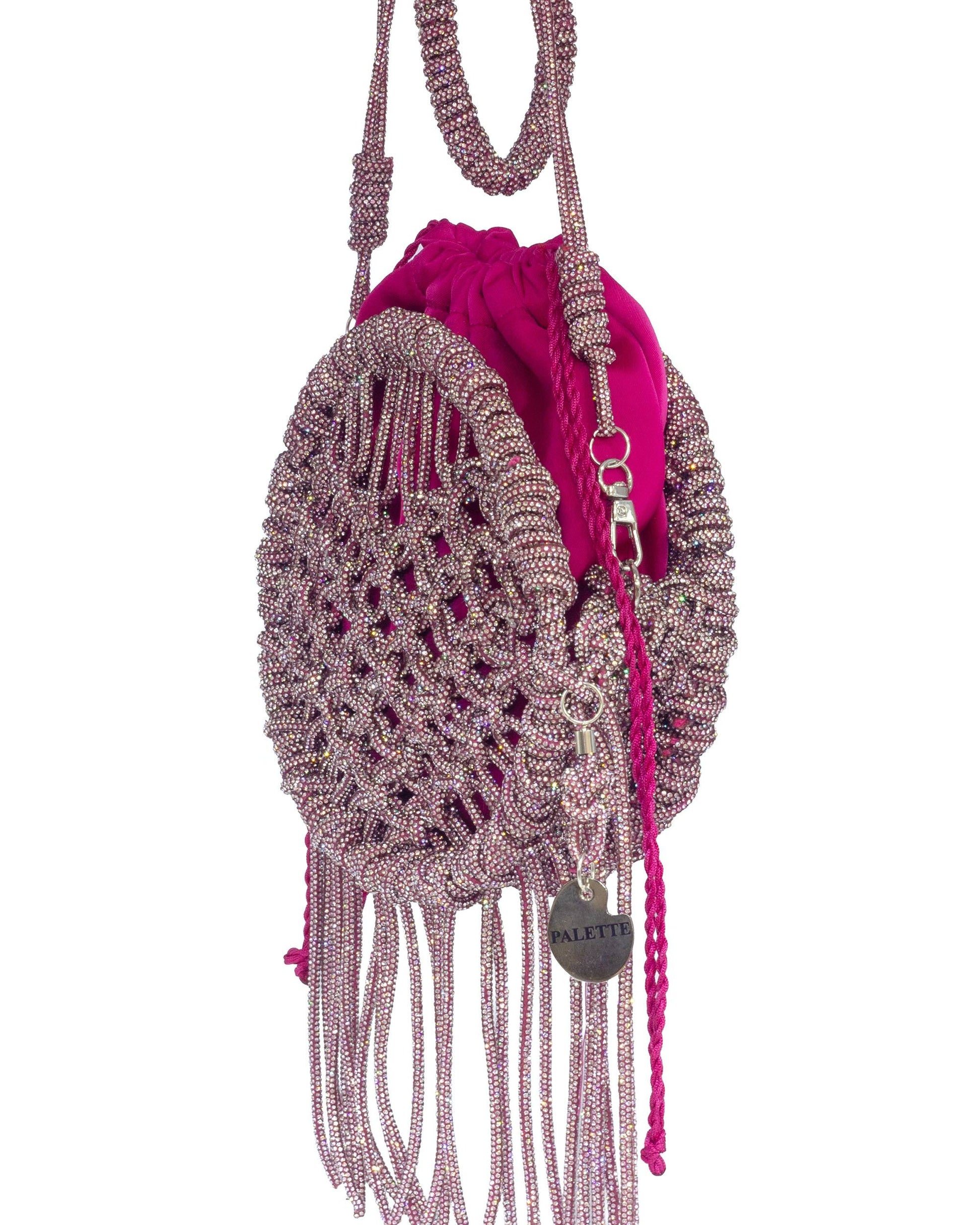 Palette by Rishma Lumina Amore Pink Handcrafted Rhinestone Macramé Fringe Bag — Side View