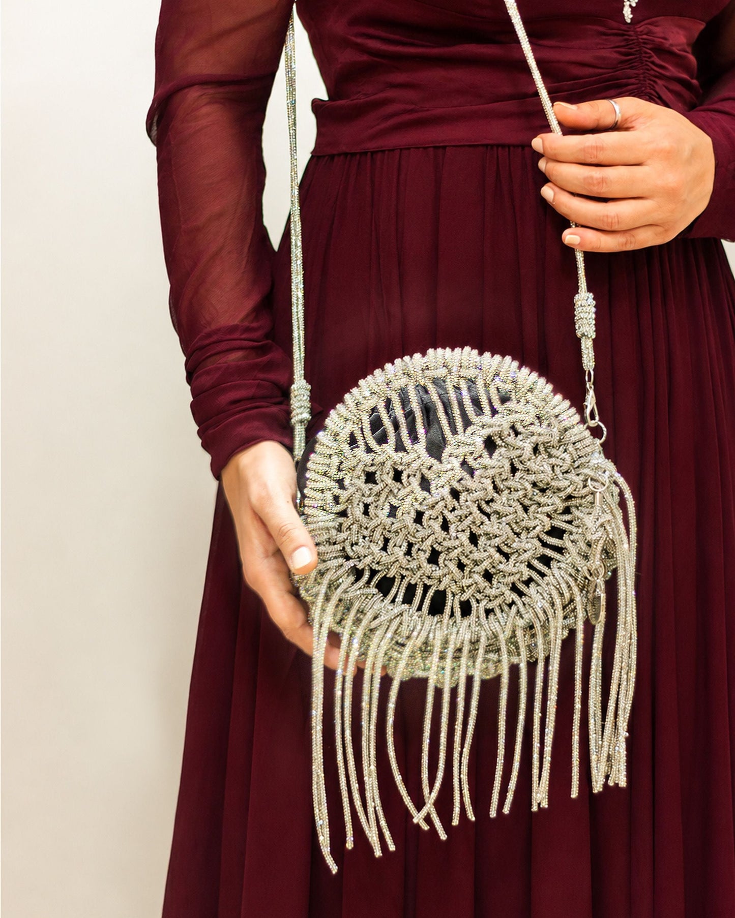 Palette by Rishma Lumina Amore Stardust Handcrafted Rhinestone Macramé Fringe Bag — Lifestyle