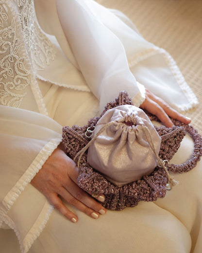 Palette by Rishma Lumina Bloom Mauve Handcrafted Rhinestone Macramé Flower Bag — Detail