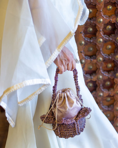 Palette by Rishma Lumina Bloom Mauve Handcrafted Rhinestone Macramé Flower Bag — Lifestyle