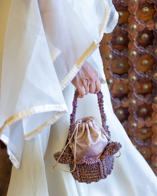 Palette by Rishma Lumina Bloom Mauve Handcrafted Rhinestone Macramé Flower Bag — Lifestyle