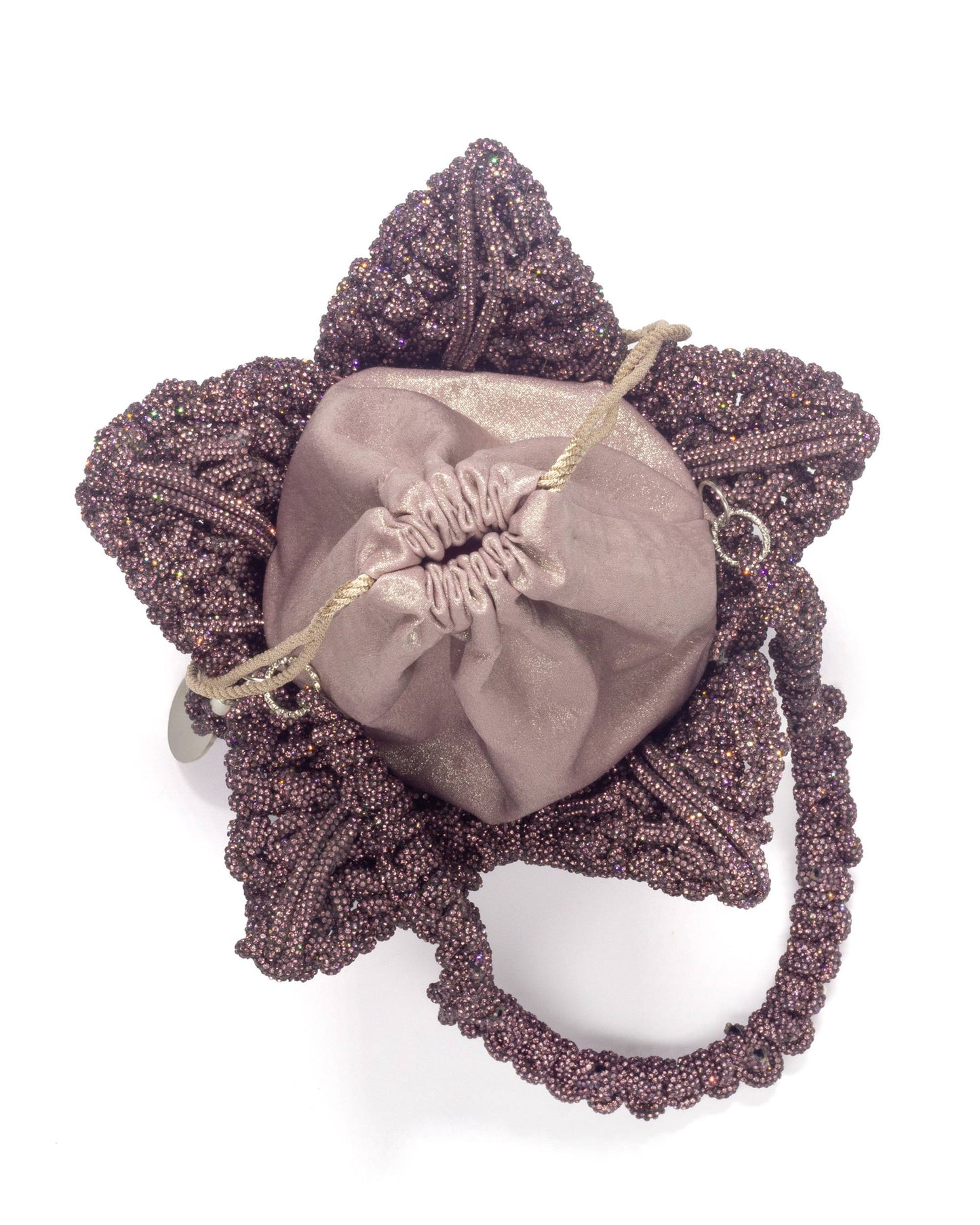 Palette by Rishma Lumina Bloom Mauve Handcrafted Rhinestone Macramé Flower Bag — Scale View