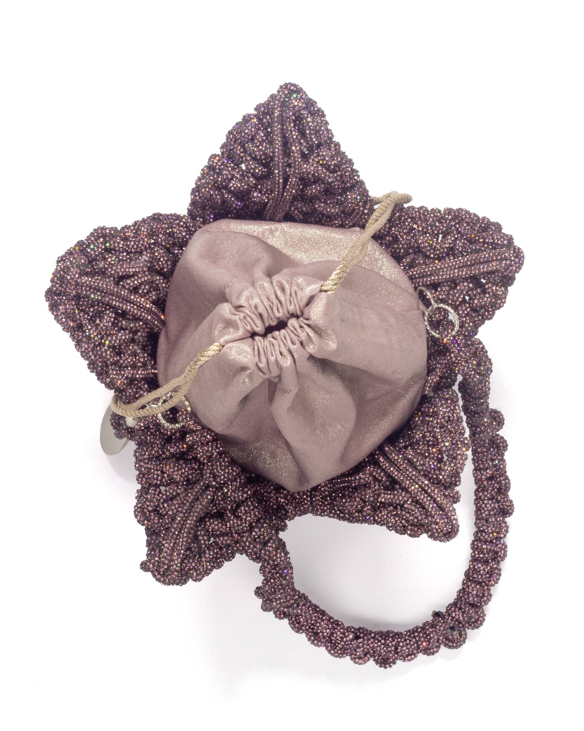 Palette by Rishma Lumina Bloom Mauve Handcrafted Rhinestone Macramé Flower Bag — Scale View