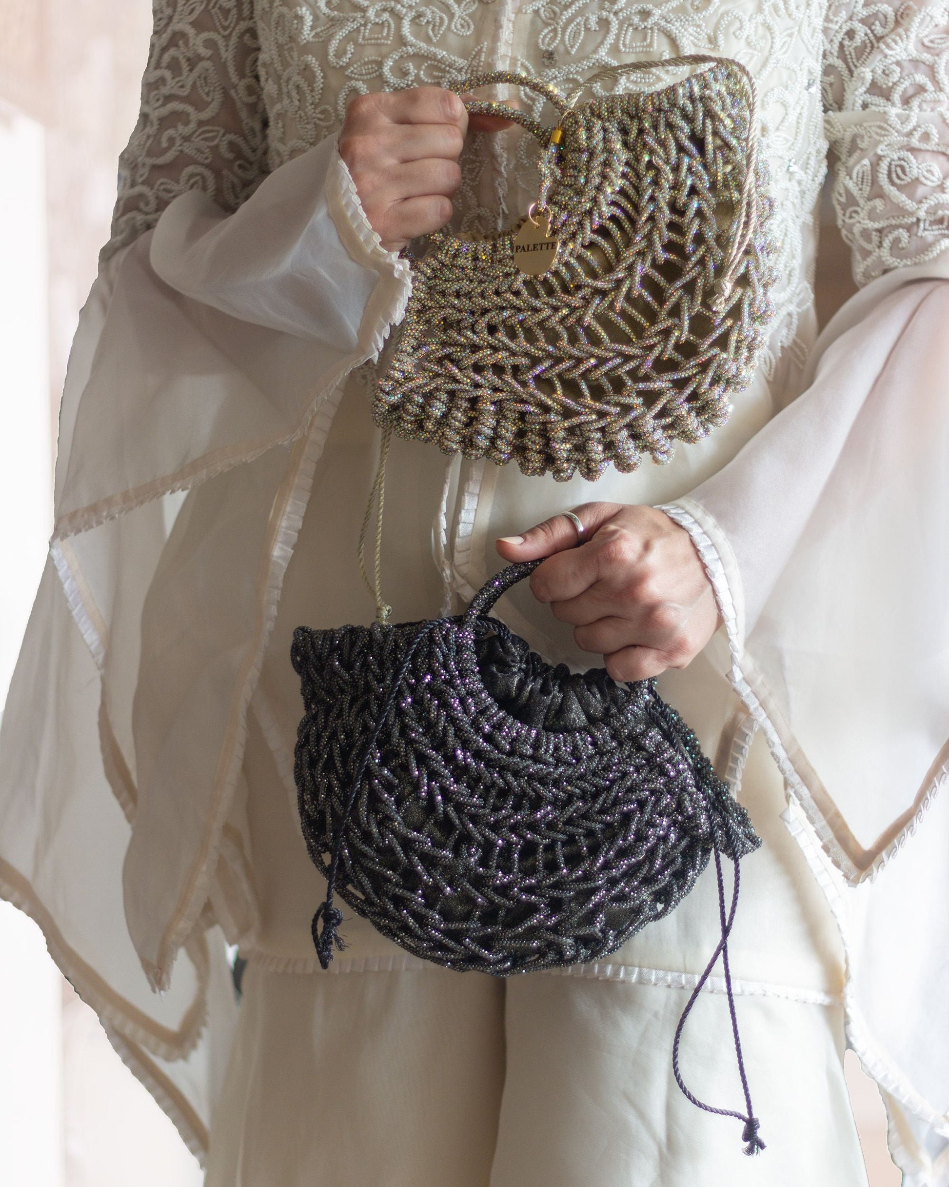 Palette by Rishma Lumina Luna Noir Handcrafted Rhinestone Macramé Bag — Detail