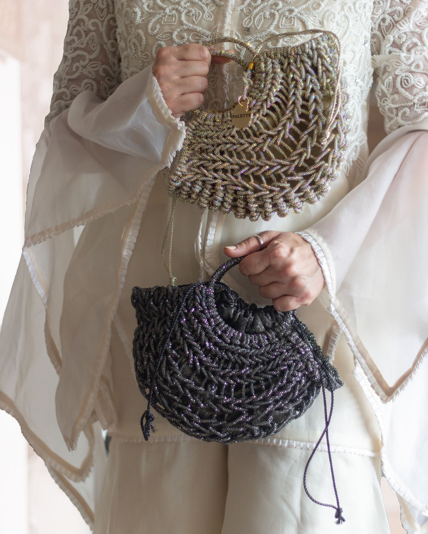Palette by Rishma Lumina Luna Champagne Handcrafted Rhinestone Macramé Bag — Detail