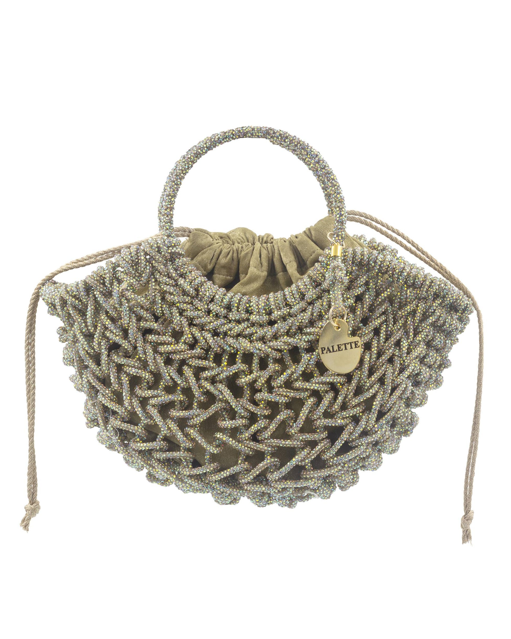 Palette by Rishma Lumina Luna Champagne Handcrafted Rhinestone Macramé Bag — Front View