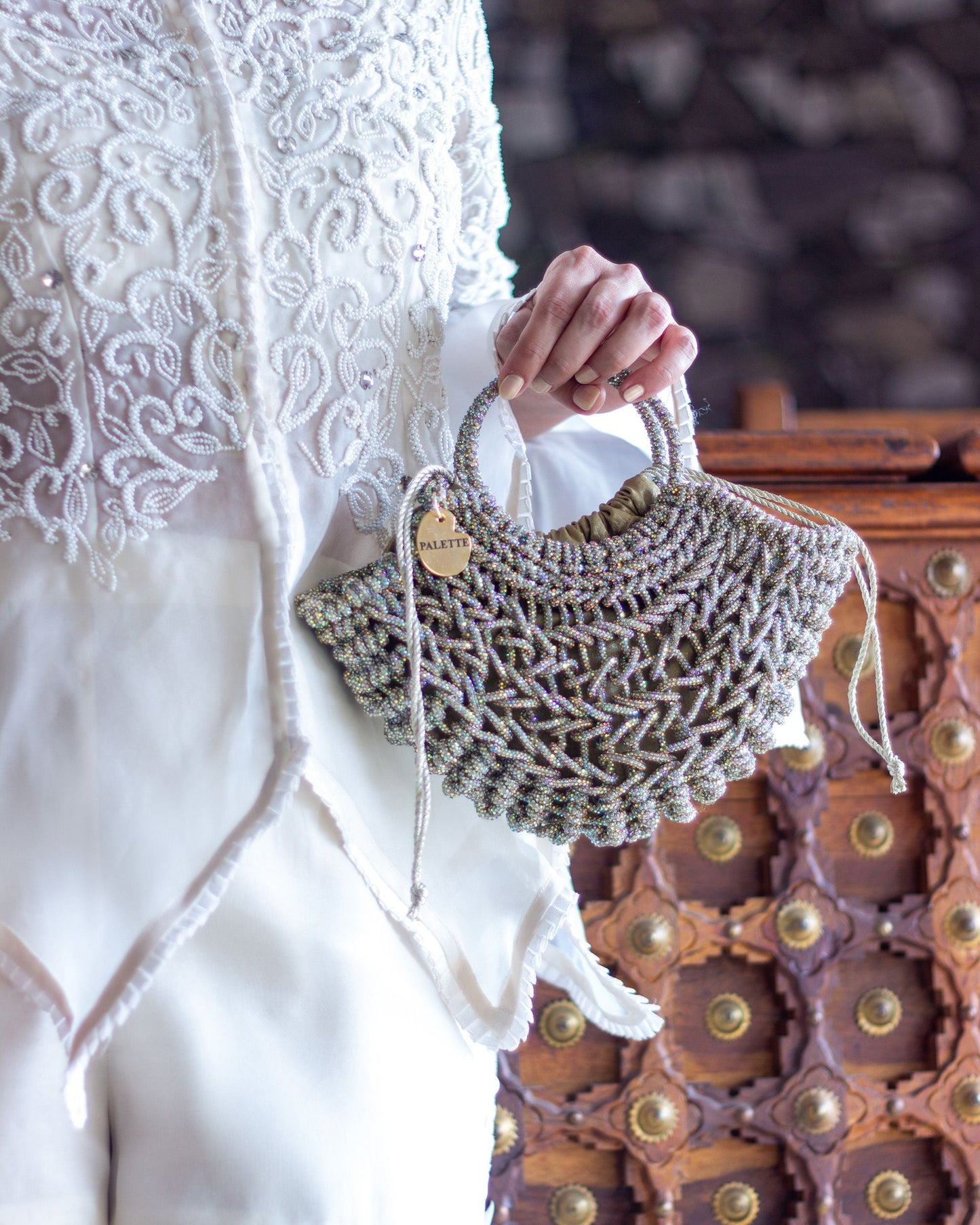 Palette by Rishma Lumina Luna Champagne Handcrafted Rhinestone Macramé Bag — Lifestyle