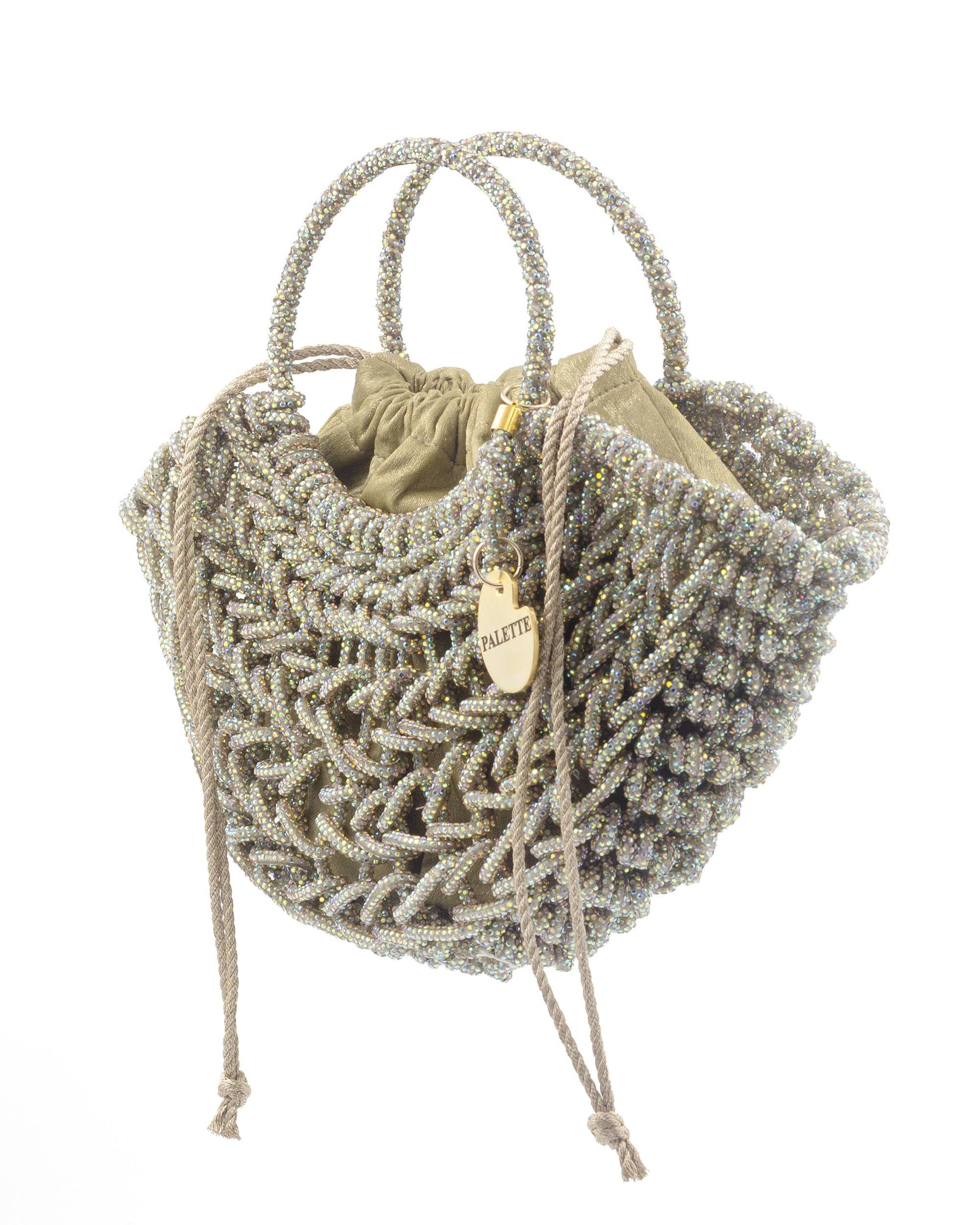 Palette by Rishma Lumina Luna Champagne Handcrafted Rhinestone Macramé Bag — Side View