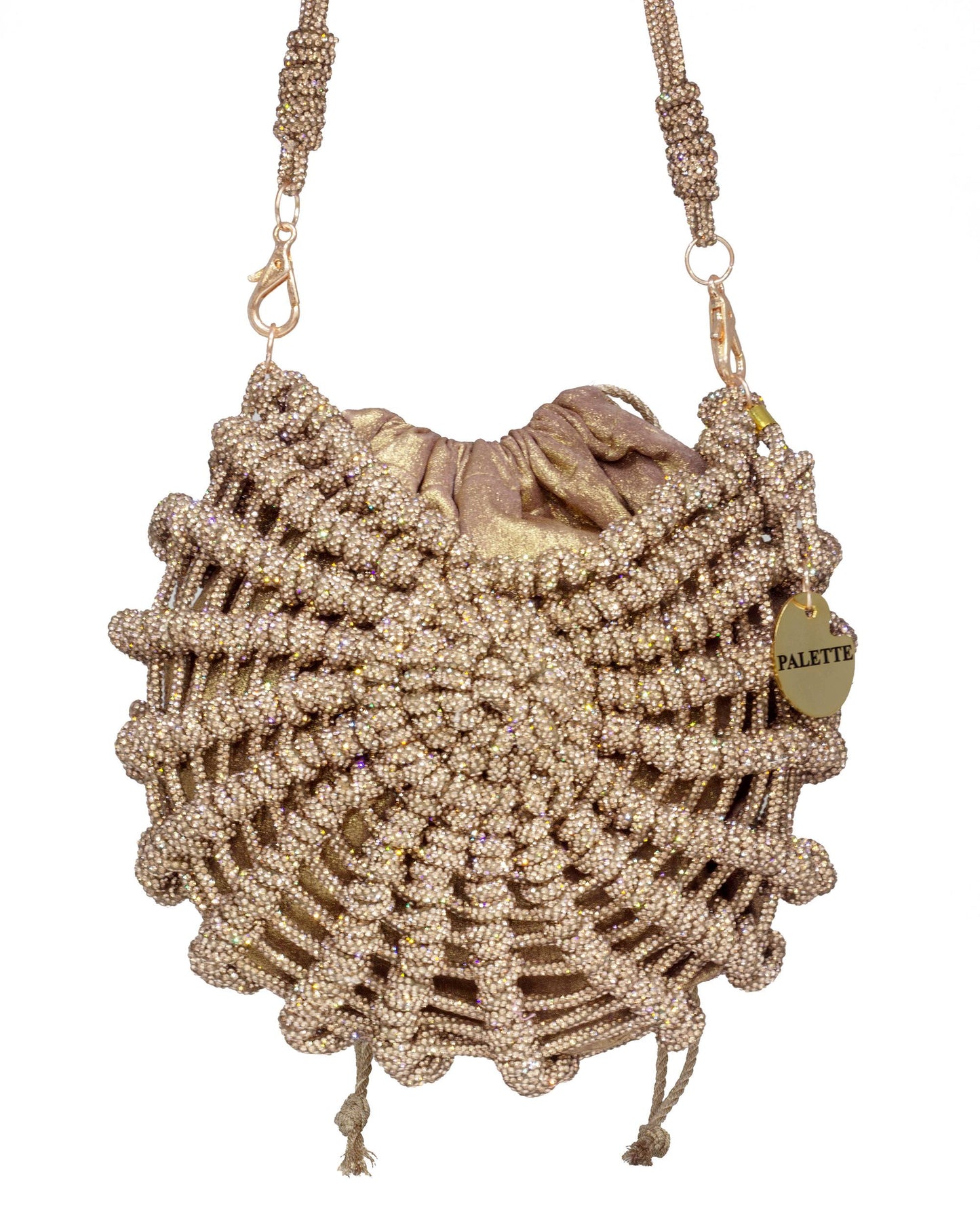 Palette by Rishma Lumina Nerina Caramel Handcrafted Rhinestone Macramé Bag — Front View