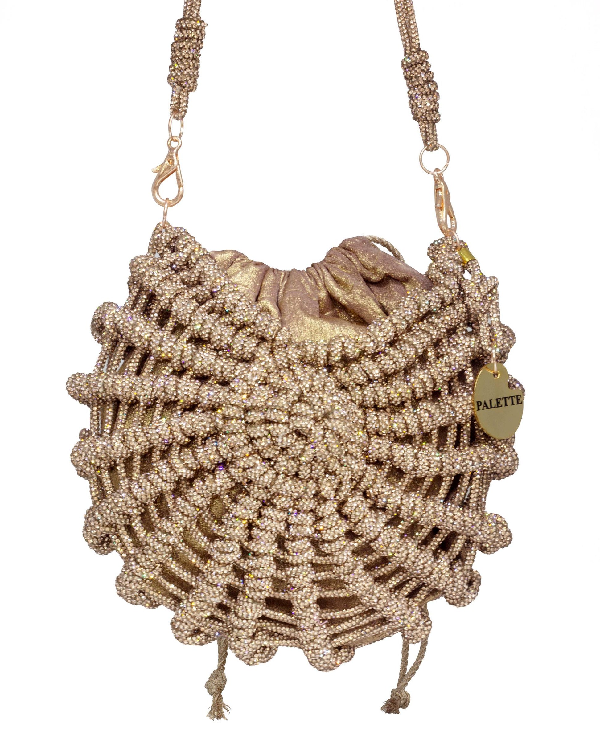 Palette by Rishma Lumina Nerina Caramel Handcrafted Rhinestone Macramé Bag — Front View