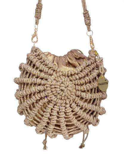 Palette by Rishma Lumina Nerina Caramel Handcrafted Rhinestone Macramé Bag — Front View