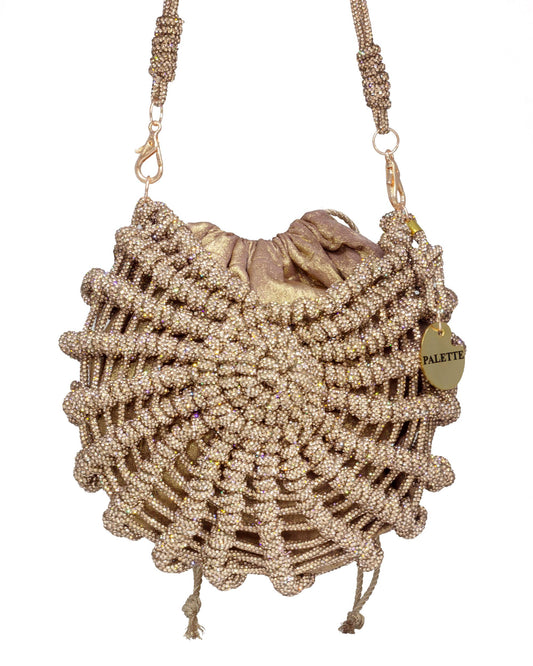 Palette by Rishma Lumina Nerina Caramel Handcrafted Rhinestone Macramé Bag — Front View