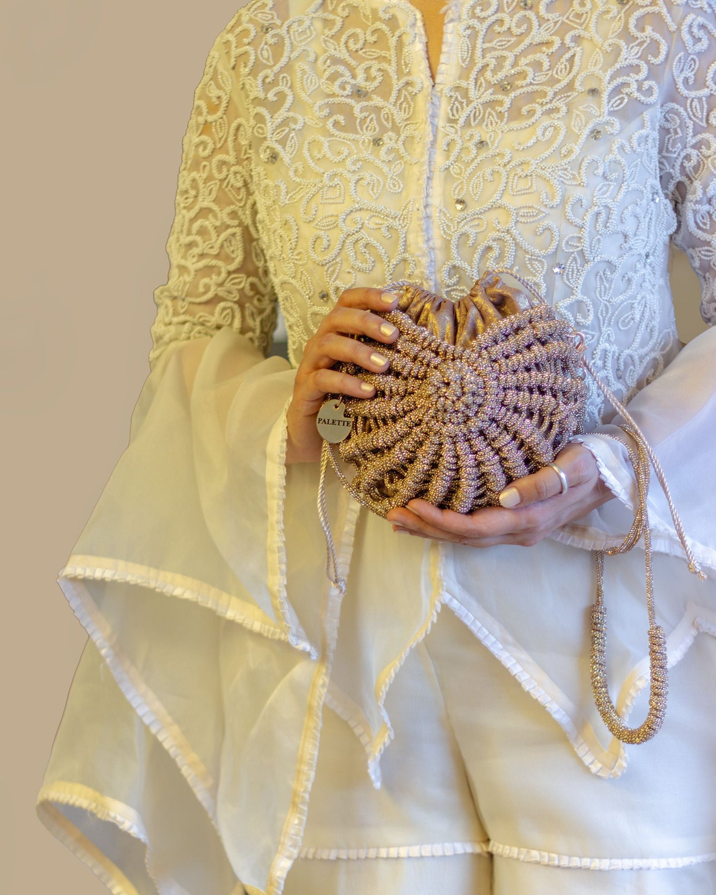 Palette by Rishma Lumina Nerina Caramel Handcrafted Rhinestone Macramé Bag — Lifestyle