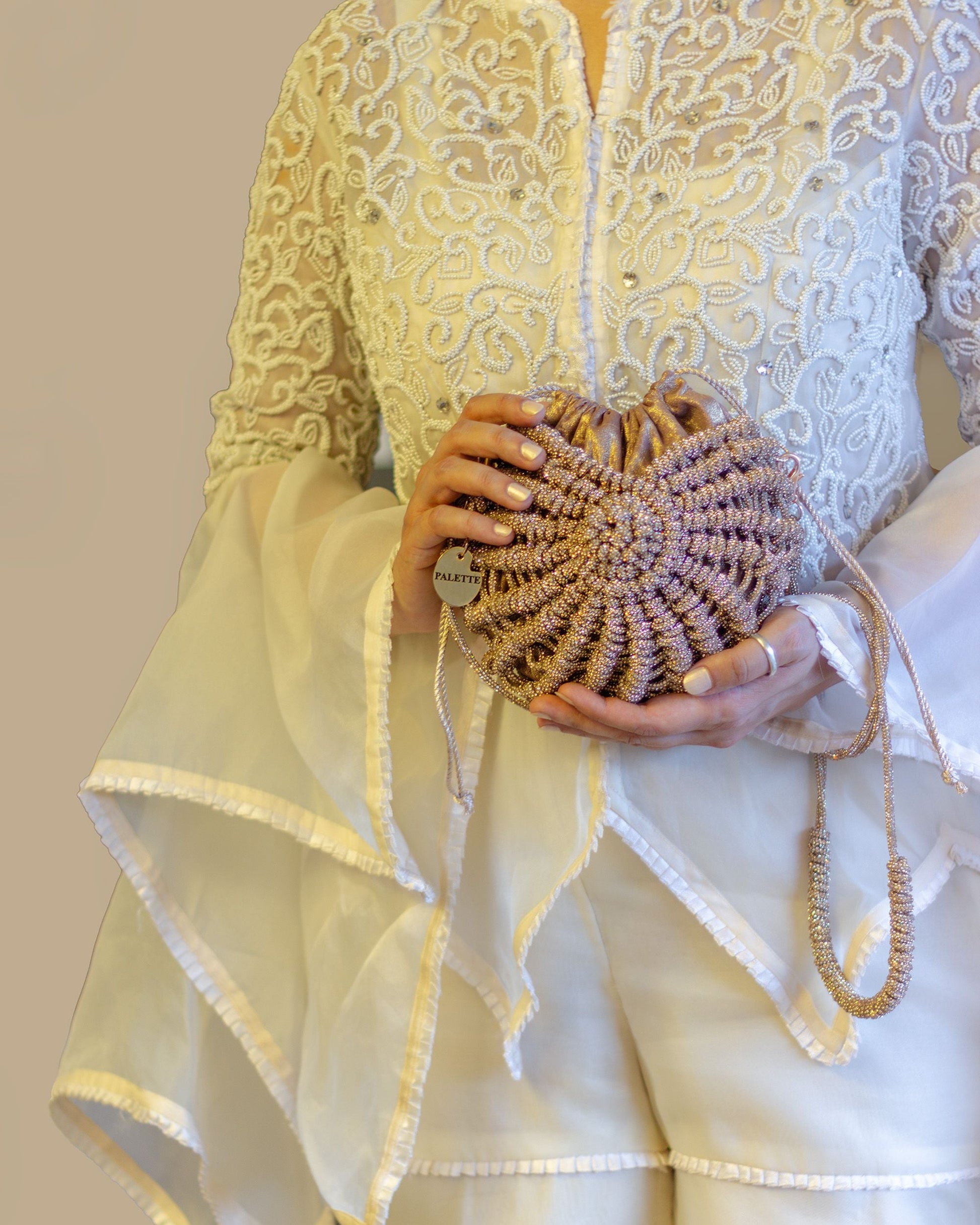 Palette by Rishma Lumina Nerina Caramel Handcrafted Rhinestone Macramé Bag — Lifestyle